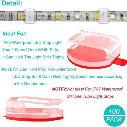 Clear Strip Light Mounting Clips Self-Adhesive Hooks,Fixing Clamps LED Strip Light 8mm,10mm,12mm.100 Pack Strip Light Brackets Holder,USB Cable Wires Organizer.