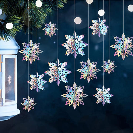 Winter Christmas Hanging Snowflake Decorations 15Pcs, 3D Iridescent Paper Snowflakes Rainbow Snow Flakes Garland for Winter Wonderland Holiday Frozen Christmas Birthday Party Home Decorations