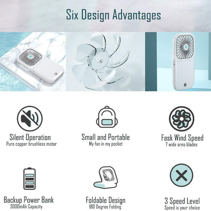Mini Portable And Foldable Usb Rechargeable Fan With Power Bank, Handheld/Hanging Neck/Desk MultiPurpose Natural Wind Electric
