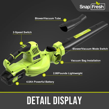Cordless Blower & Vacuum - SnapFresh 2 in 1 Electric Blower with 4.0Ah Lithium Battery & 2h Fast Charger, 20V Handheld Vacuum Sweeper with Bag for Small Trash, Car, Dust, Pet Hair, Corner Cleaning