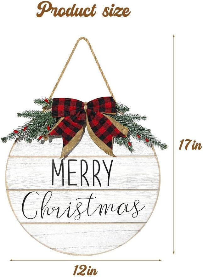 Christmas Door Sign: Rustic White Merry Christmas Wreaths for Front Door Wall Porch Home, 12" Farmhouse Classic Elegant Hanging Christmas Door Decor, Vintage Christmas Door Decorations