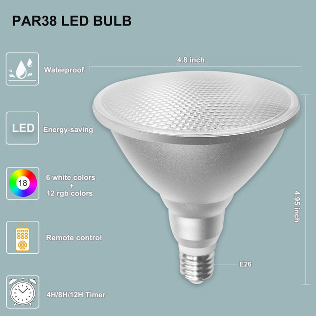Flood Light Bulbs with Remote Timing Function,Outdoor E26 30W Par38 LED Bulb Color Changing,Garden Landscape Lamps for Christmas Halloween Party Decoration
