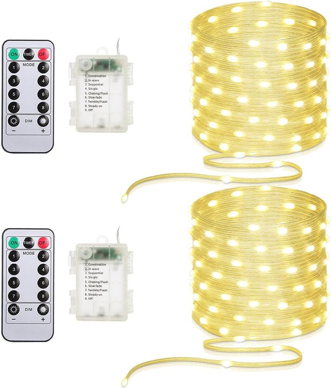 Battery Operated String Lights (2 Pack), 33ft 100 LED Fairy String Lights Battery Powered w/Remote & Timer for Indoor Outdoor Christmas Trees Wreath Decoration Bedroom Patio - Warm White