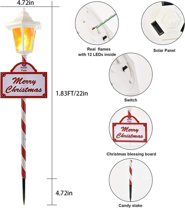 Christmas Pathway Lights Outdoor - 4 Pack Flickering Flame Solar Candy Stake Lights Waterproof Solar Landscape Lights for Christmas Garden, Patio, Yard Driveway Decoration(White)