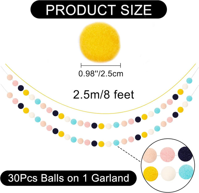2 Pack Pom Pom Garland, 8Ft Long Pompom Garland, Boho Nursery Decorations, 60 Ball 6 Colors Ornament Garland for Back to School, Classroom, Party, Christmas (Dark Blue, Pink and Light Green)
