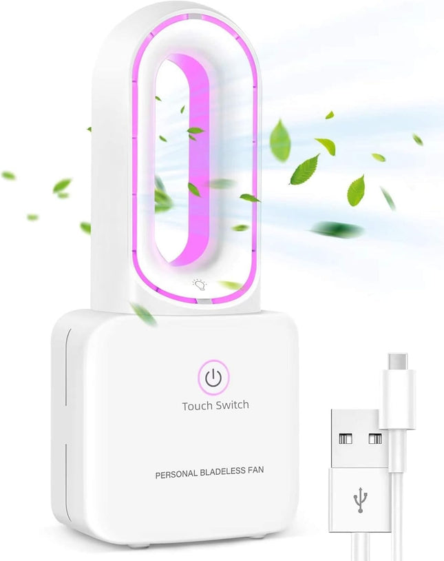Desk Fan Small Bladeless Personal Fan Quiet Mini Table Fan 12'' Touch Control 4000Mah Rechargeable Portable Fan With 6Colors Led