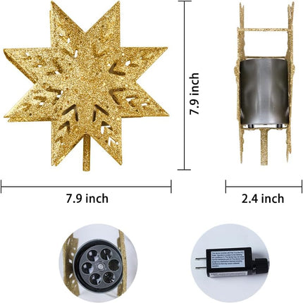 PHITRIC Christmas Tree Topper, 8" Gold Christmas Tree Star with Projector Lights, 8-Pointed Lighted Star Tree Topper, White Snow Projection Tree Toppers Christmas Decorations for Xmas Tree