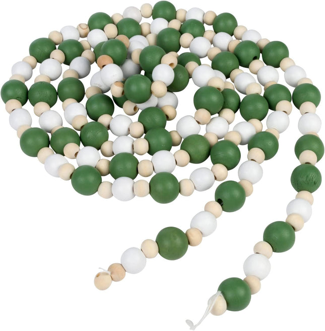 One Holiday Way 9-Foot Rustic Matte Green, White and Unfinished Wood Bead Garland Christmas Tree Decoration - Decorative Vintage Wooden Beads for Everyday Chic Winter Farmhouse Xmas Party Home Decor