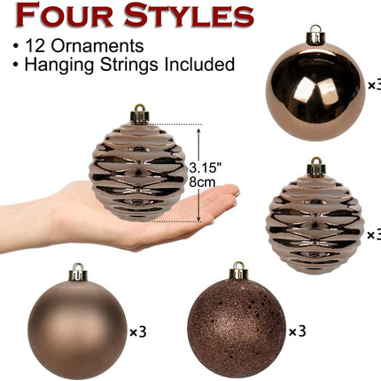 3.15" Christmas Ball Ornaments Brown 12 Pcs Shatterproof Christmas Tree Decorations Xmas Tree Medium Christmas Ornaments Balls with Hanging Loop for Halloween Wedding Holiday Party Wreath Home Decor