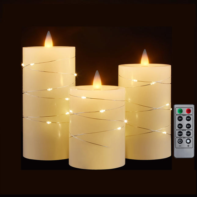 Wax Flameless Pillar Candles Flickering with String Lights, 3D Moving Flame Candles with Remote Timer, Set of 3, 3 x 4, 5, 6 Inches, Remote Included (Ivory)