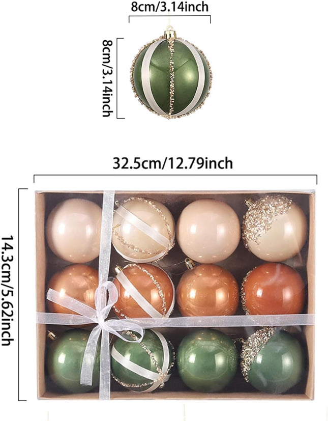 12 Pcs Christmas Ball Ornaments Set Brown Green Champagne Neutral Shatterproof Christmas Tree Decorations 3.15 Inch Glittering Decorative Hanging Ornament Bulk for Xmas Tree Wreath Holiday Party Decor