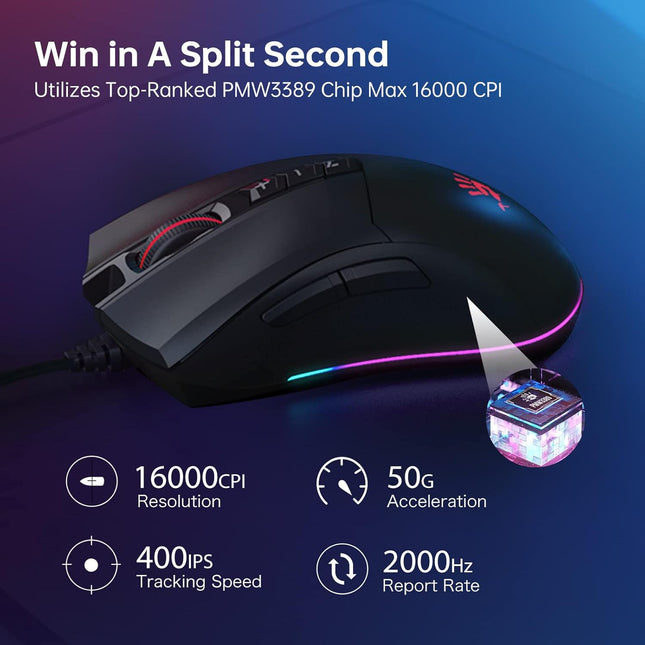 Bloody ES9Pro FPS RGB Gaming Mouse, PMW3389 Chip, 16000 CPI, 2000Hz Report Rate, 400IPS, 4M Onboard Memory, Fully Programmable with Advanced Preset Macros