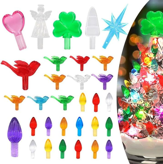135 Pcs 7 Kinds of Ceramic Christmas Tree Replacement Light Bulbs, Ceramic Tree Medium Multicolor Twist Light Ornaments, Included Christmas Tree Star Heart Angel Topper