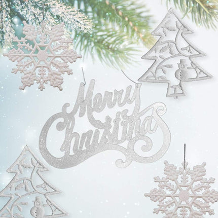 Christmas Ornament Set - 16 Pc Assorted Ornaments - Silver Glittered Plastic Tree Decorations - Merry Christmas, Tree, Snowflakes