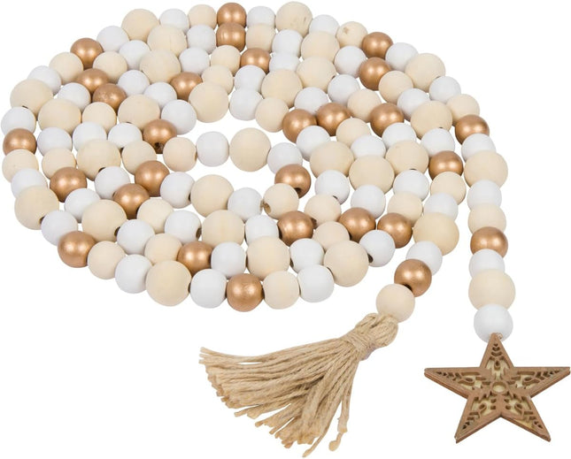 One Holiday Way 9-Foot Rustic White, Gold and Unfinished Wood Bead Garland Christmas Tree Decoration - Decorative Vintage Wooden Beads for Everyday Chic Wedding Country Farmhouse Elegant Home Decor
