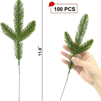100 Pcs Artificial Pine Branches, Christmas Tree Filler Branches Green Plants Faux Pine Needle Branches Christmas Greenery Pine Picks Evergreen Pine Stems for Christmas Tree Garland Wreath Decorating