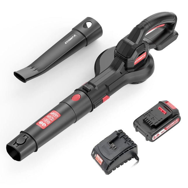 Ecomax 18V Cordless Leaf Blower, Powerful Blower Battery Powered for Lawn Care & Snow Blowing & Yard Cleaning, 2Ah Battery and Charger Included, ELG04, Black & Red