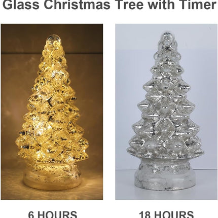 PHITRIC Christmas Decorations Indoor, 2 PCS Sparkling Glass Christmas Tree Table Decorations with LED Lights, Lighted Xmas Tree Decorations with Timer for Home Mantel Shelf Table Decor