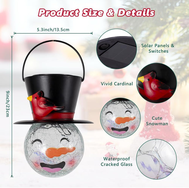 Snowman Solar Lantern, Crackle Glass Solar Lanterns Outdoor Waterproof, Hanging Christmas Lantern for Garden Patio Holiday Decor