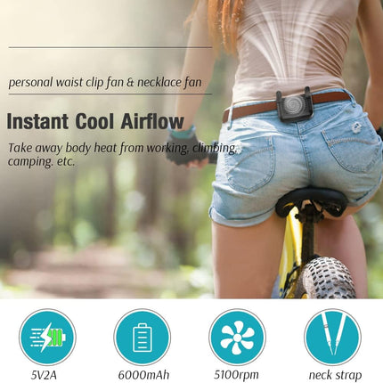Alpiaz Portable Waist Clip Fan, 6000Mah Battery Operated Necklace Fan, 23H Working Time HandsFree Cooling Fan For Outdoor Works
