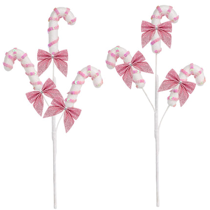 4Pcs Glitter Sequins Candy Cane Sprays with Bows Ornaments Christmas Tree Decorations Picks Striped Stems for Xmas Tree Topper Vase Fillers DIY Crafts Home Party Supplies 14 Inch Long (Pink & White)