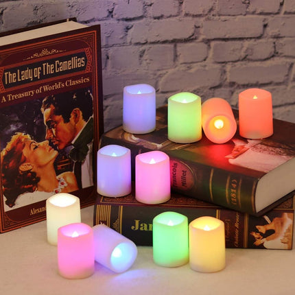 DRomance Color Changing Flameless Votive Candles with Remote and Timer, Battery Operated White LED Flickering Votive Pillar Candles 12 Pack Halloween Christmas Decor Candles(1.5 x 2 Inches)