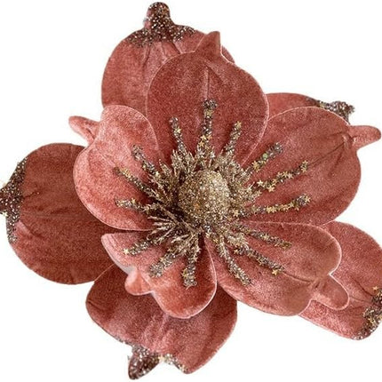 6 Pcs Christmas Glitter Magnolia Flower Artificial Poinsettia Magnolia Flowers with Stem 9.4inch Christmas Tree Magnolia Flowers for Xmas Wedding Holiday Decor Wreath Garland Photo Prop (Pink)