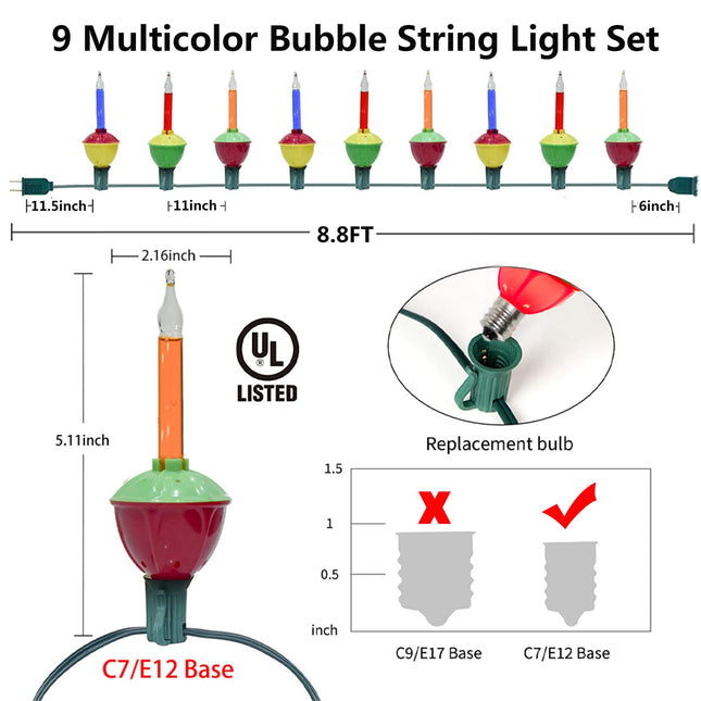 SUNSGNE Christmas Bubble Lights, 8.8Ft Vintage Bubble Lights with 10 Multicolor Bubble Lights(1 Spare), Traditional Colorful Bubble Lights for Holiday Christmas Tree Lighting, E12 Base, Green Wire