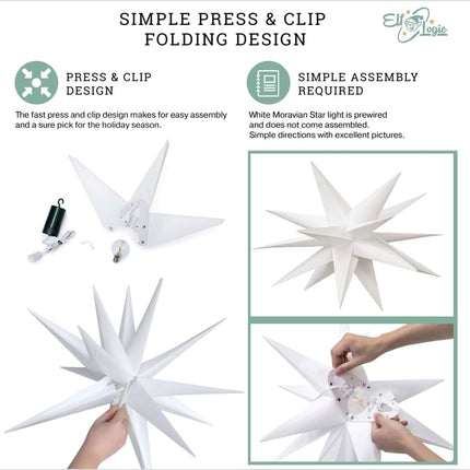 Elf Logic Large 30” Easy Assembly Warm White LED Moravian Star - Hanging Outdoor Christmas Light - Use as Holiday Decoration, Porch Light, 3D Fixture, Advent Star, Wedding & Ballroom Venue Decor