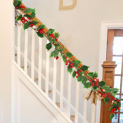 9FT Christmas Garland with Lights,Pre-lit Artificial Red Berries & Holly Leaves Lighted Garlands,Indoor Outdoor Xmas Decor,Winter Home Year Mantle Fireplace Table Decortions