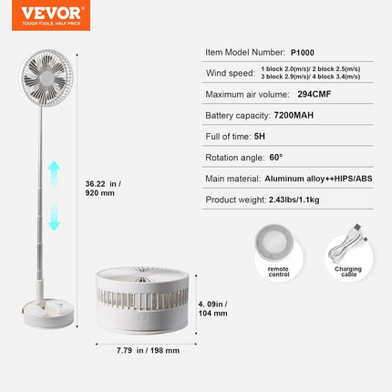 8 Inch Foldable Oscillating Standing Fan With Remote Control, 4 Speed Adjustable Portable Desk Quiet Fan, 7200Mah Rechargeable