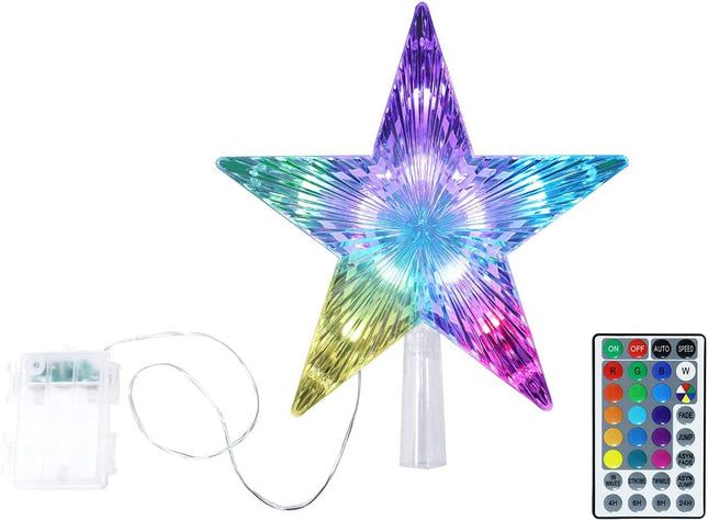Christmas Star Tree Topper 9.5inch 17 colors 8 dynamic modes with Versatile Remote Controller 3AA Battery Powered for Lighted Christmas Tree Décor