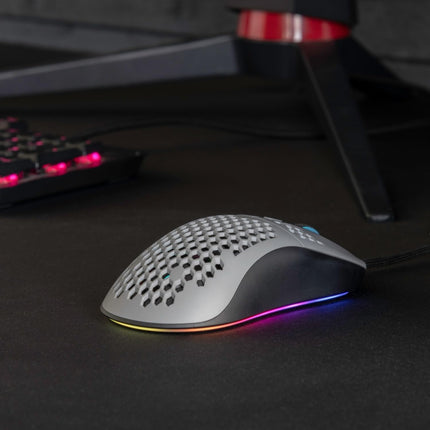 Arozzi Favo Ultra Lightweight Customizable RGB Gaming Mouse with Honeycomb Pattern Pixart 3389 Sensor and Omron 20M Switches - Grey