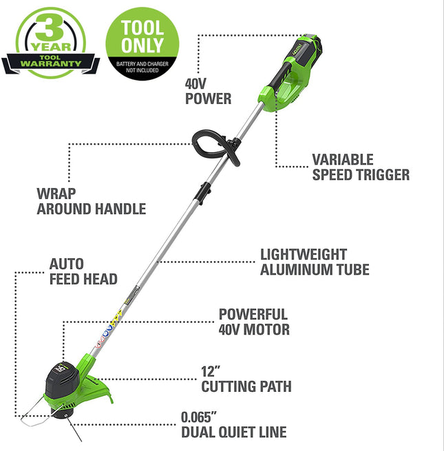 Greenworks 40V 12" Cordless String Trimmer, Tool Only