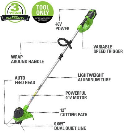 Greenworks 40V 12" Cordless String Trimmer, Tool Only & Greenworks 0.065" Dual Line Replacement String Trimmer Line Spool, 3 Count (Pack of 1)