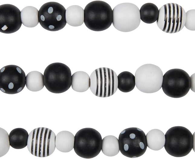 One Holiday Way 9-Foot Long Rustic Matte Black & White Wood Bead Garland w/Dots & Stripes Christmas Tree Decoration - Decorative Vintage Style Wooden Everyday Chic Country Farmhouse Xmas Home Decor