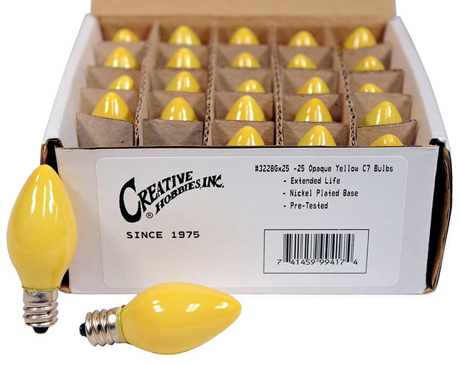Box of 25 Light Bulbs - Opaque Yellow, Steady Burning, 7 Watt, C7 -E12 Candelabra Base -Great for Night Lights, Decorative Lights and Christmas Strings