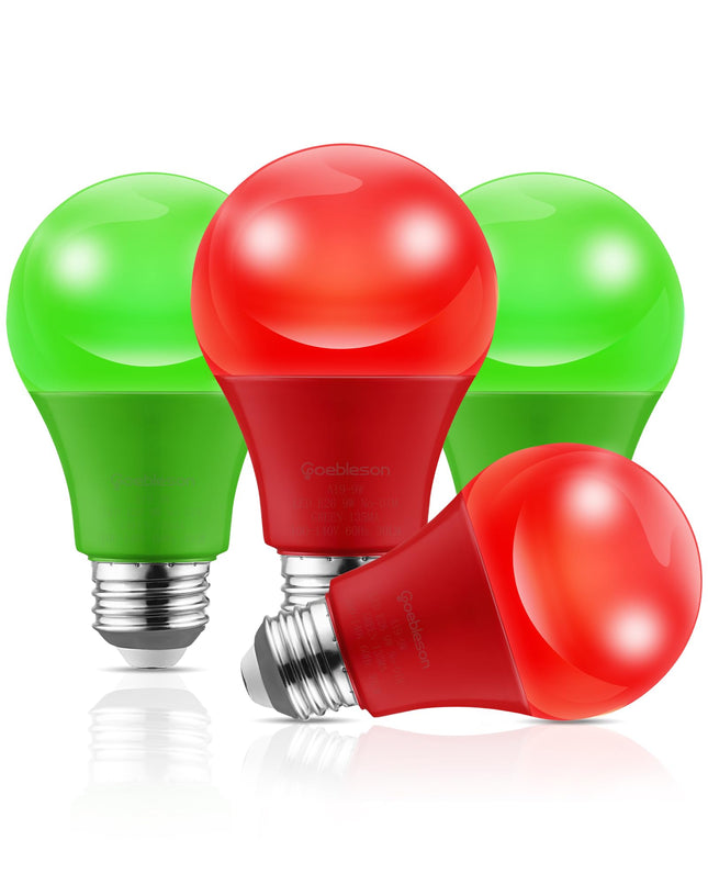 Red and Green Light Bulb, 9W LED Light Bulb (60W Equivalent), Colored Light Bulb E26, Red Christmas Light Bulb for Pathway, Porch, Halloween, Home Lighting, Party Bar Decor, 4 Pack, UL Listed