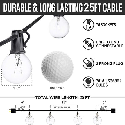 Outdoor String Lights 75ft Patio Lights with 80 G40 Bulbs (5 Spare), Connectable Globe String Lights for Party Tents Patio Gazebo Porch Deck Bistro Backyard Balcony Pergola Decor, Black Wire…