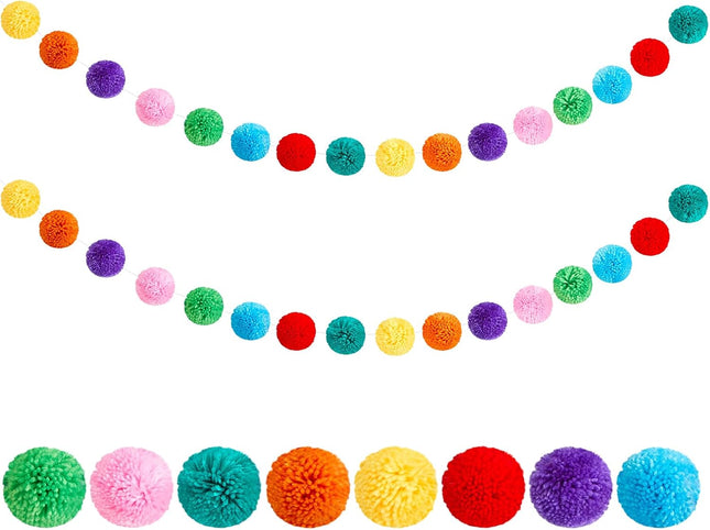Boao 2 Pcs Colorful Yarn Pom Pom Garland 6.5 ft Long 32 Ball Garland 3 Inch Rainbow Ball Garland for Birthday Banner Halloween Thanksgiving Xmas Tree Wedding Home Wall Hanging Decorations