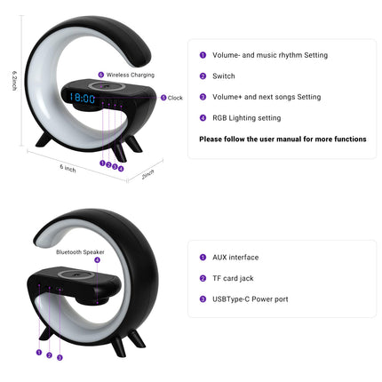 Mini G Type Wireless Charging Atmosphere Lamp with Bluetooth Speaker Alarm Clock Night Light 15W Wireless Charger Speaker for Bedside Lamp Ambient Lighting for Christmas (Black)