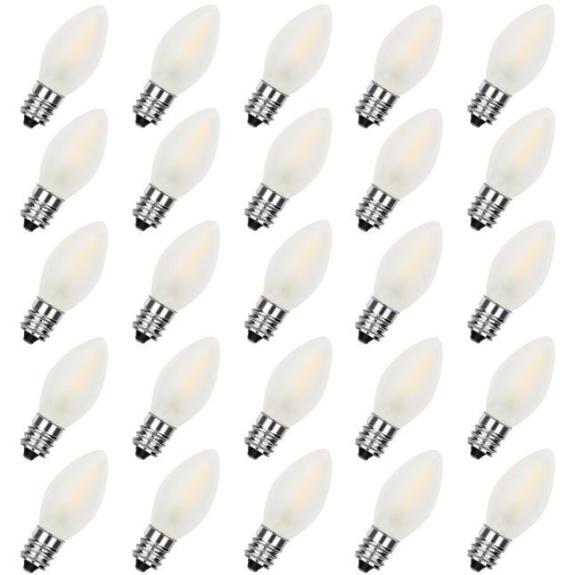25 Pack C7 LED Christmas Light Bulb, White LED Christmas Frosted Light Bulb Indoor Outdoor Patio Christmas Party String Lights, 0.6W LED Shatterproof, C7/E12 Candelabra Base, 2700K Warm White