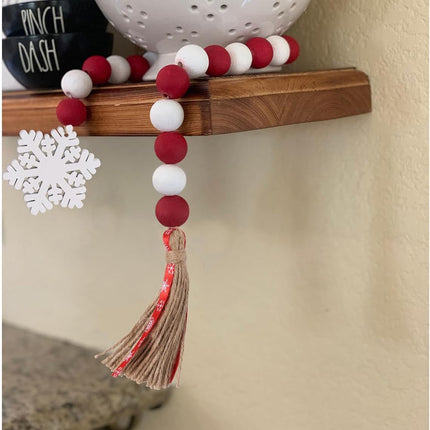 Christmas Wood Bead Garland - Red White Rustic Wooden Beads with Jute Rope Plaid Tassel Bead Garland for Year Winter Xmas Tiered Tray Décor Farmhouse Home Kitchen Wall Hanging Decoration