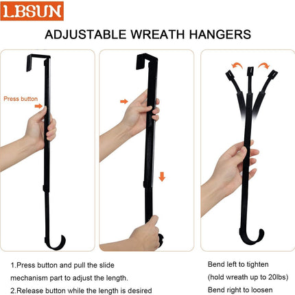 Wreath Hanger, Adjustable Over The Door Wreath Hanger from 14.9 to 25 Inches & Wreath Holder & Wreath Door Hanger for Front Door Decor 20 lbs Larger Christmas Decorations Hook (Black)