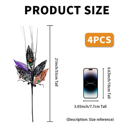 Halloween Flower Branches 16" Glitter Leaves Picks Artificial Berries Stems Fall Sprays Fake Twigs for Halloween Haunted House Gothic Tree Topper Vase Fillers Home Party Decor, Pack of 4 (Berries)