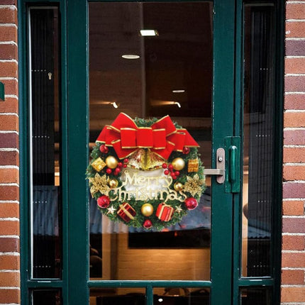 Christmas Wreath Reef for Front Door Window 13 Inch Pine Artificial Garland with Bowknot, Bells, Deer, Red Berries, Cabinet Wreath for Christmas Party Decor, Front Door Window Wall Wreath