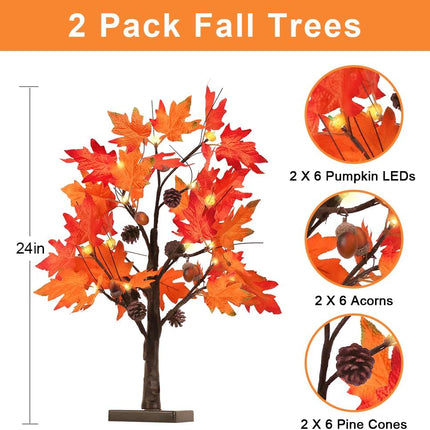 YEAHOME Fall Decorations for Home, 2 Pack 24”/2FT Lighted Fall Maple Leaves Tree with Warm White LEDs Autumn Decor, Pumpkin Lampshade, Pine Cone, Acorn Ornaments Battery Powered Timer for Thanksgiving