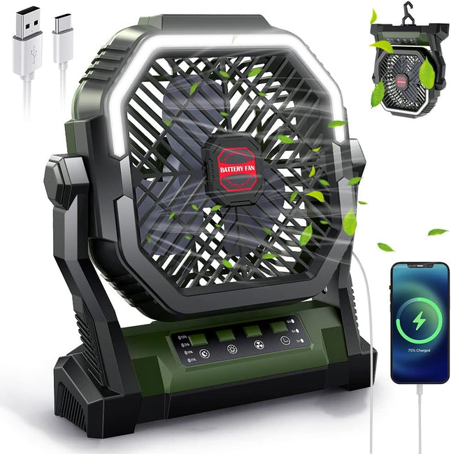 Camping Fan With Led Lights, 5 In 1 Portable Fan 12000Mah 50H Rechargeable Usb Desk Battery Powered Fan With Power Bank/Timer/Hoo