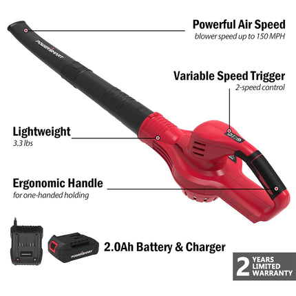 PowerSmart Cordless Leaf Blower with Battery and Charger, 20V 150 MPH Lightweight Blower for Lawn Care, Patio, Driveway