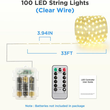 Battery Operated String Lights (2 Pack), 33ft 100 LED Fairy String Lights Battery Powered w/Remote & Timer for Indoor Outdoor Christmas Trees Wreath Decoration Bedroom Patio - Warm White
